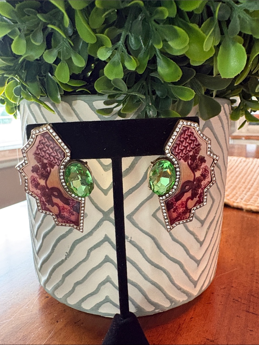 Statement Earrings with Green Gem and Burgundy Pattern